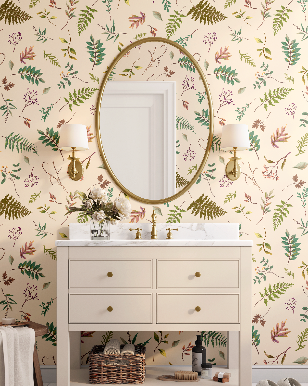 Cabin in the Woods, Botanical Leaves Cabin in the Woods Wallpaper in Ivory, Rustic Cabin Decor, Forest Leaves - Peel and Stick or TraditionalLeaves in Ivory