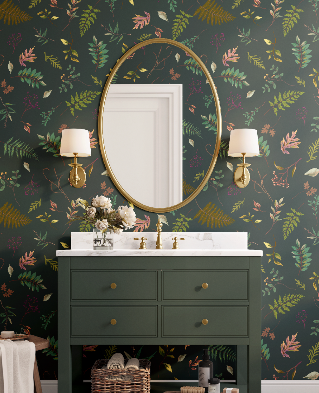 Cabin in the Woods Leaves in Blue, Botanical Leaves Cabin in the Woods Wallpaper in Greenish Blue, Rustic Cabin Decor, Forest Leaves - Peel and Stick or Traditional