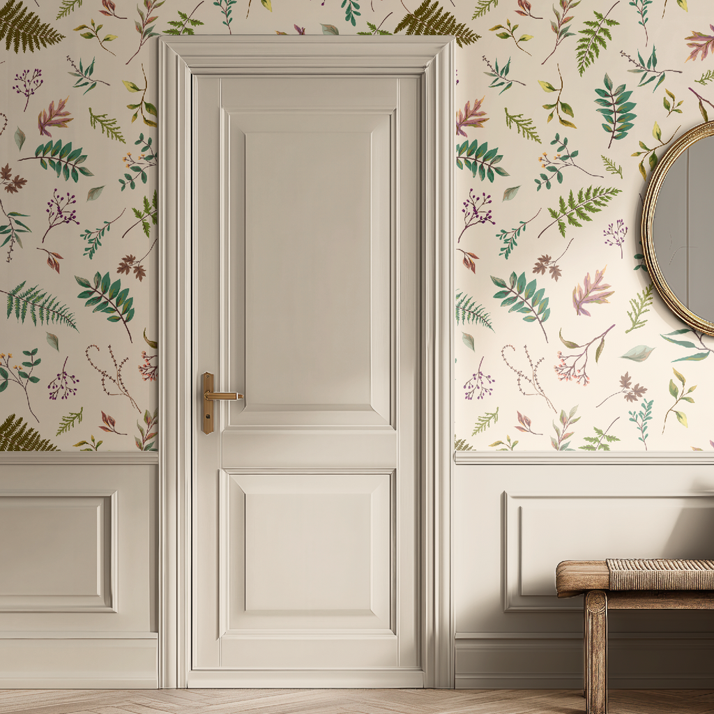 Cabin in the Woods, Botanical Leaves Cabin in the Woods Wallpaper in Ivory, Rustic Cabin Decor, Forest Leaves - Peel and Stick or TraditionalLeaves in Ivory