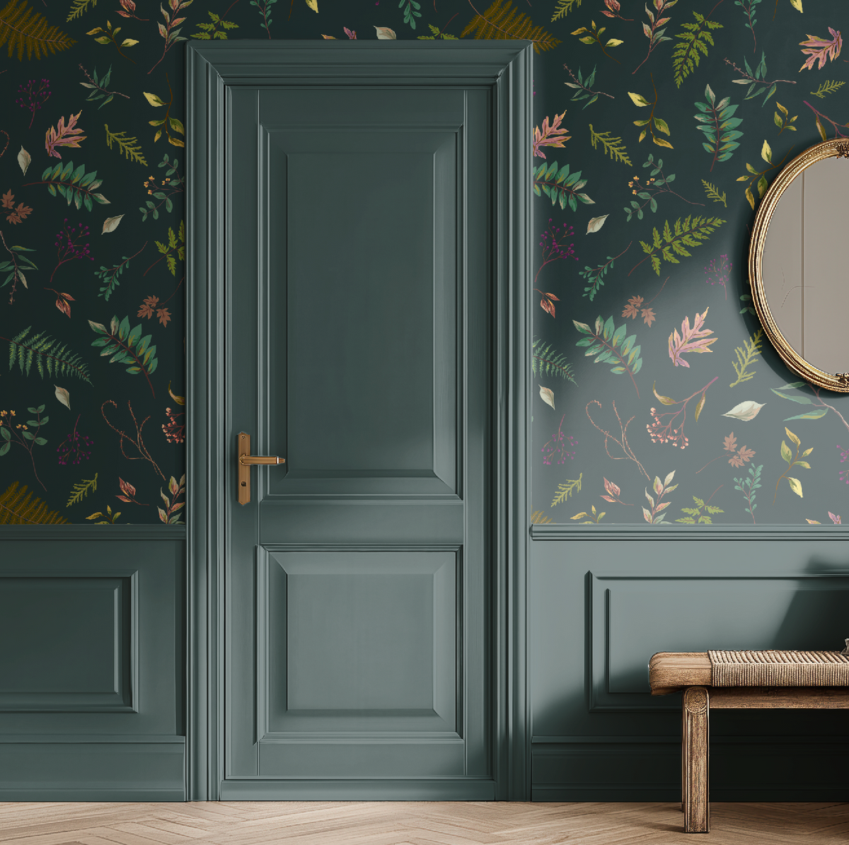 Cabin in the Woods Leaves in Blue, Botanical Leaves Cabin in the Woods Wallpaper in Greenish Blue, Rustic Cabin Decor, Forest Leaves - Peel and Stick or Traditional