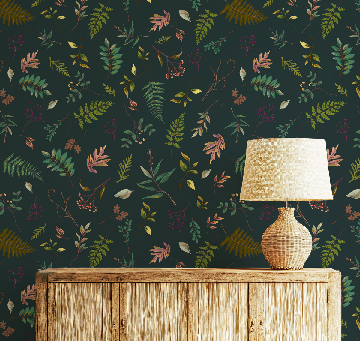 Cabin in the Woods Leaves in Blue, Botanical Leaves Cabin in the Woods Wallpaper in Greenish Blue, Rustic Cabin Decor, Forest Leaves - Peel and Stick or Traditional