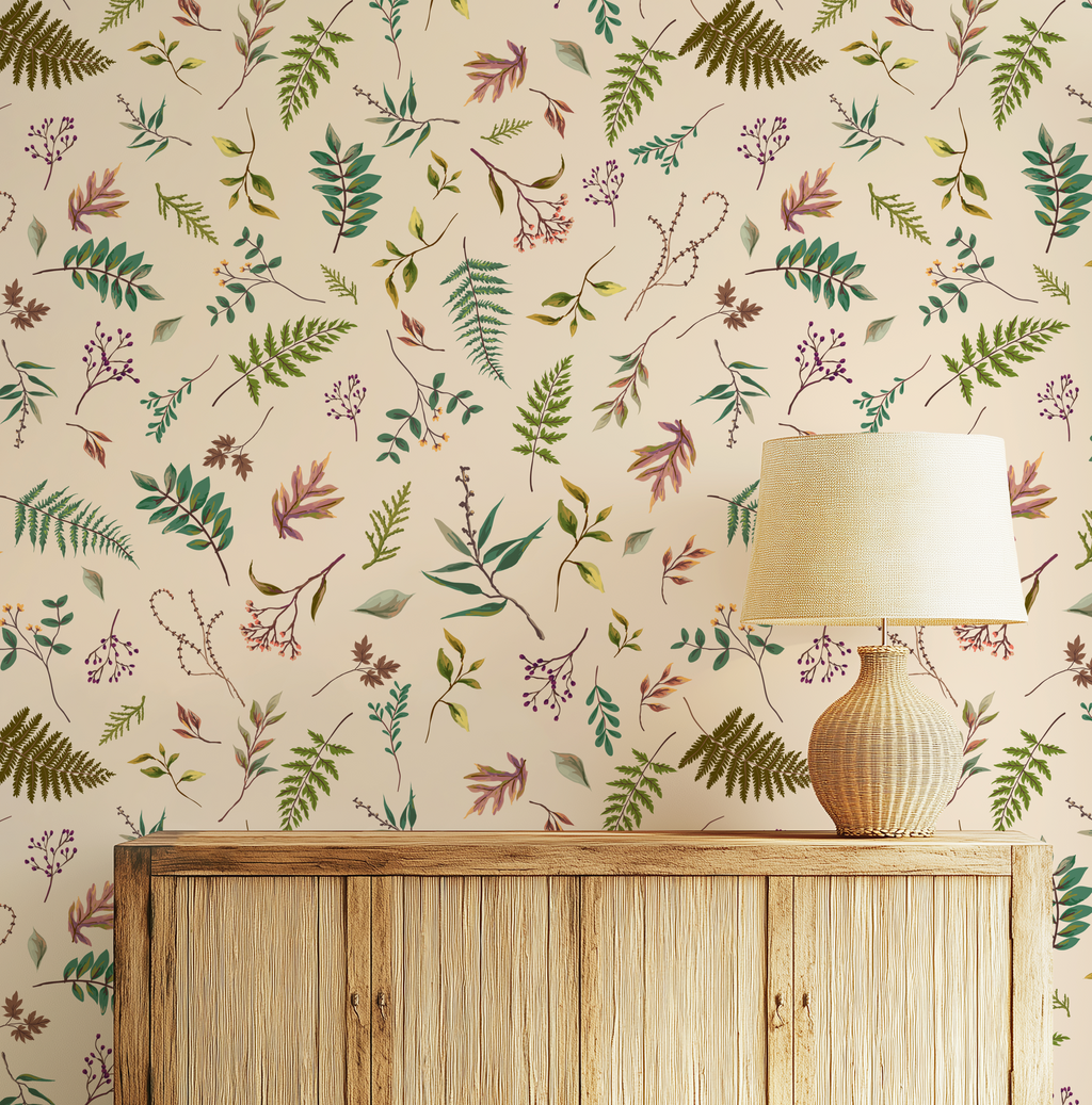 Cabin in the Woods, Botanical Leaves Cabin in the Woods Wallpaper in Ivory, Rustic Cabin Decor, Forest Leaves - Peel and Stick or TraditionalLeaves in Ivory