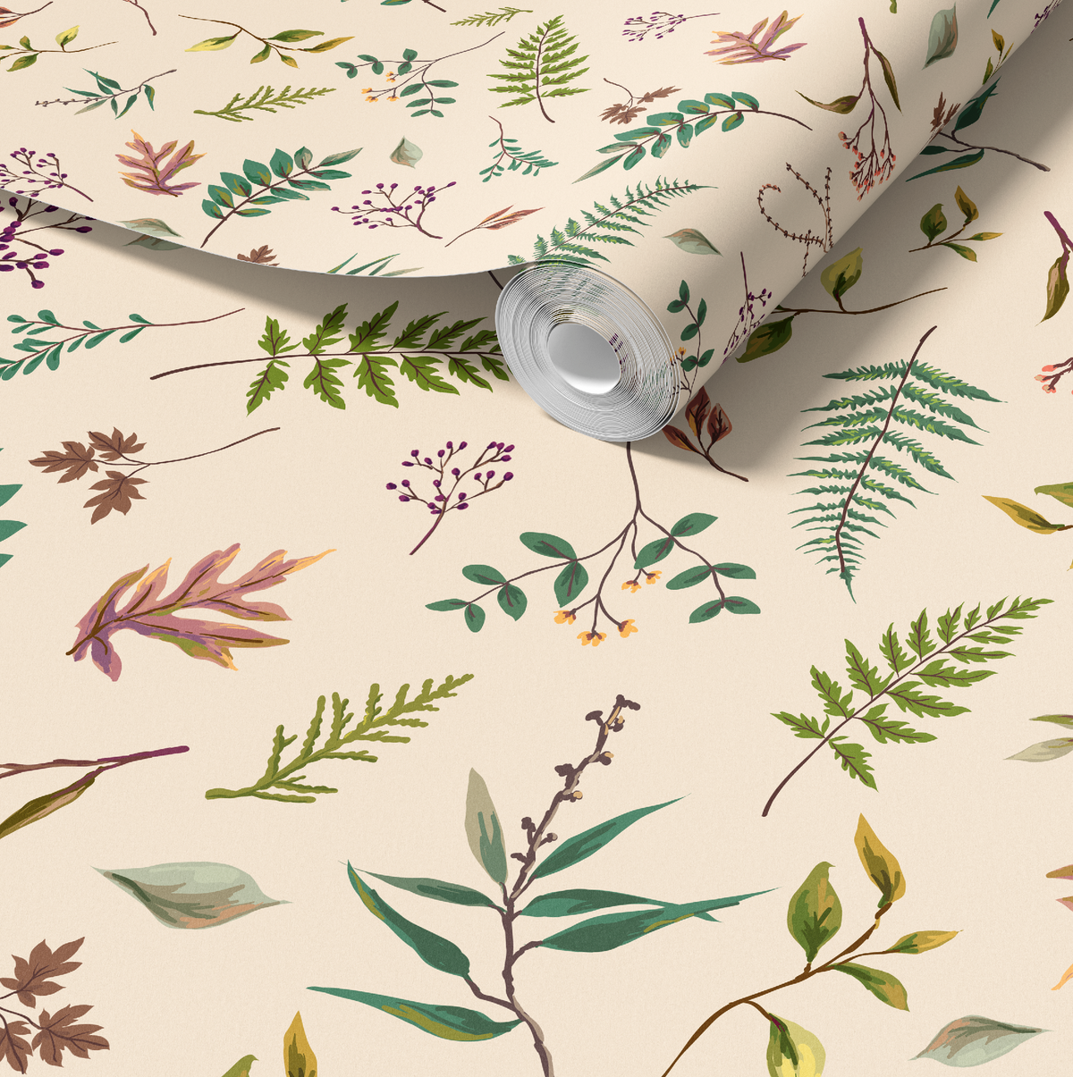 Cabin in the Woods, Botanical Leaves Cabin in the Woods Wallpaper in Ivory, Rustic Cabin Decor, Forest Leaves - Peel and Stick or TraditionalLeaves in Ivory