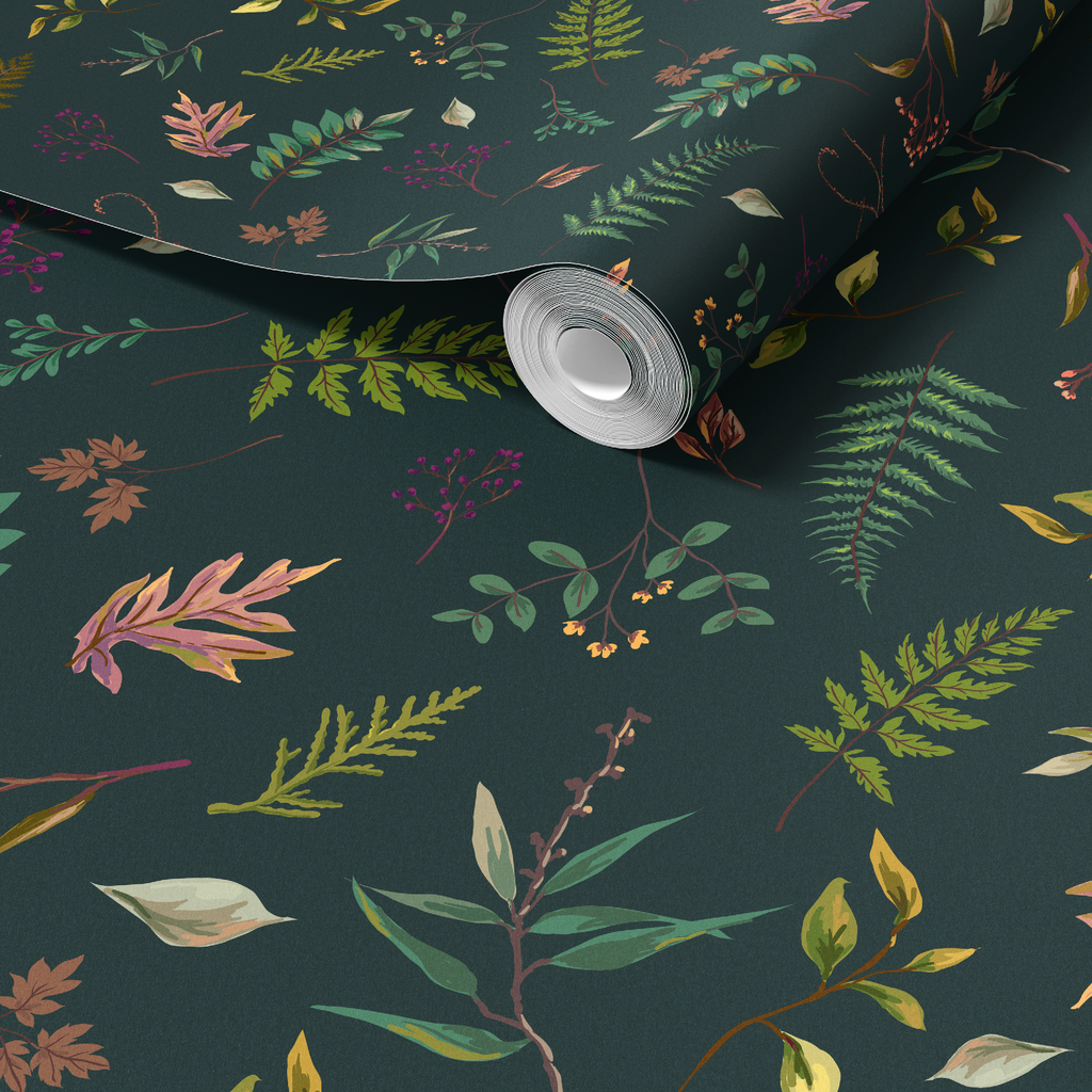 Cabin in the Woods Leaves in Blue, Botanical Leaves Cabin in the Woods Wallpaper in Greenish Blue, Rustic Cabin Decor, Forest Leaves - Peel and Stick or Traditional