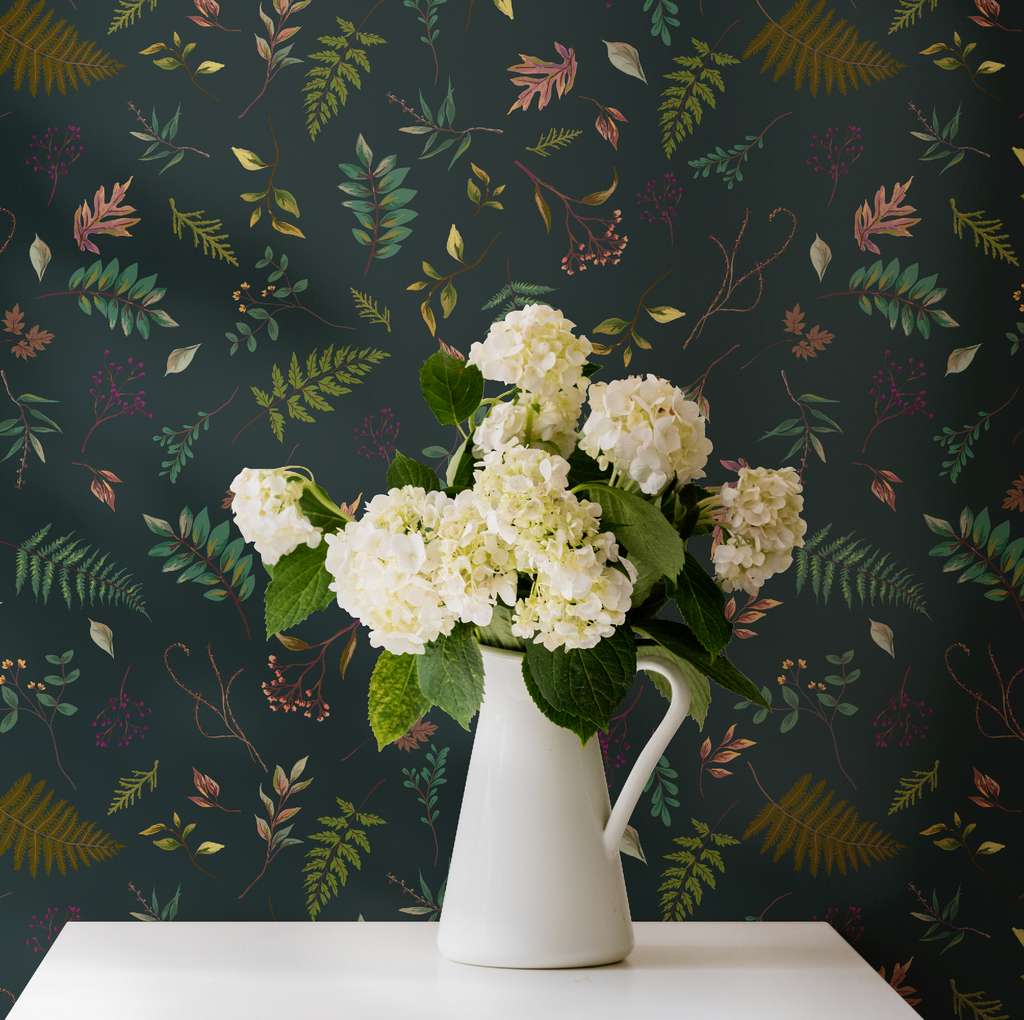 Cabin in the Woods Leaves in Blue, Botanical Leaves Cabin in the Woods Wallpaper in Greenish Blue, Rustic Cabin Decor, Forest Leaves - Peel and Stick or Traditional