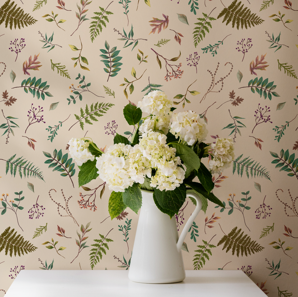 Cabin in the Woods, Botanical Leaves Cabin in the Woods Wallpaper in Ivory, Rustic Cabin Decor, Forest Leaves - Peel and Stick or TraditionalLeaves in Ivory