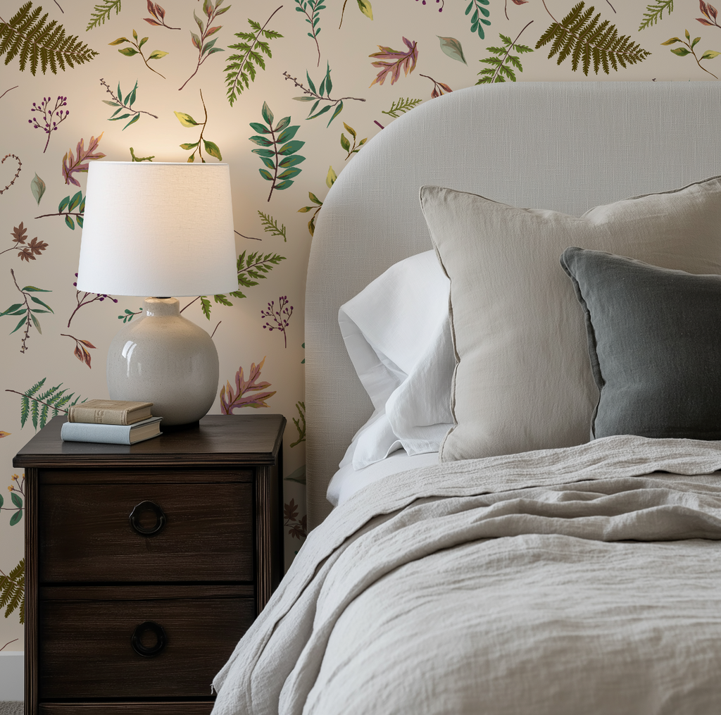 Cabin in the Woods, Botanical Leaves Cabin in the Woods Wallpaper in Ivory, Rustic Cabin Decor, Forest Leaves - Peel and Stick or TraditionalLeaves in Ivory