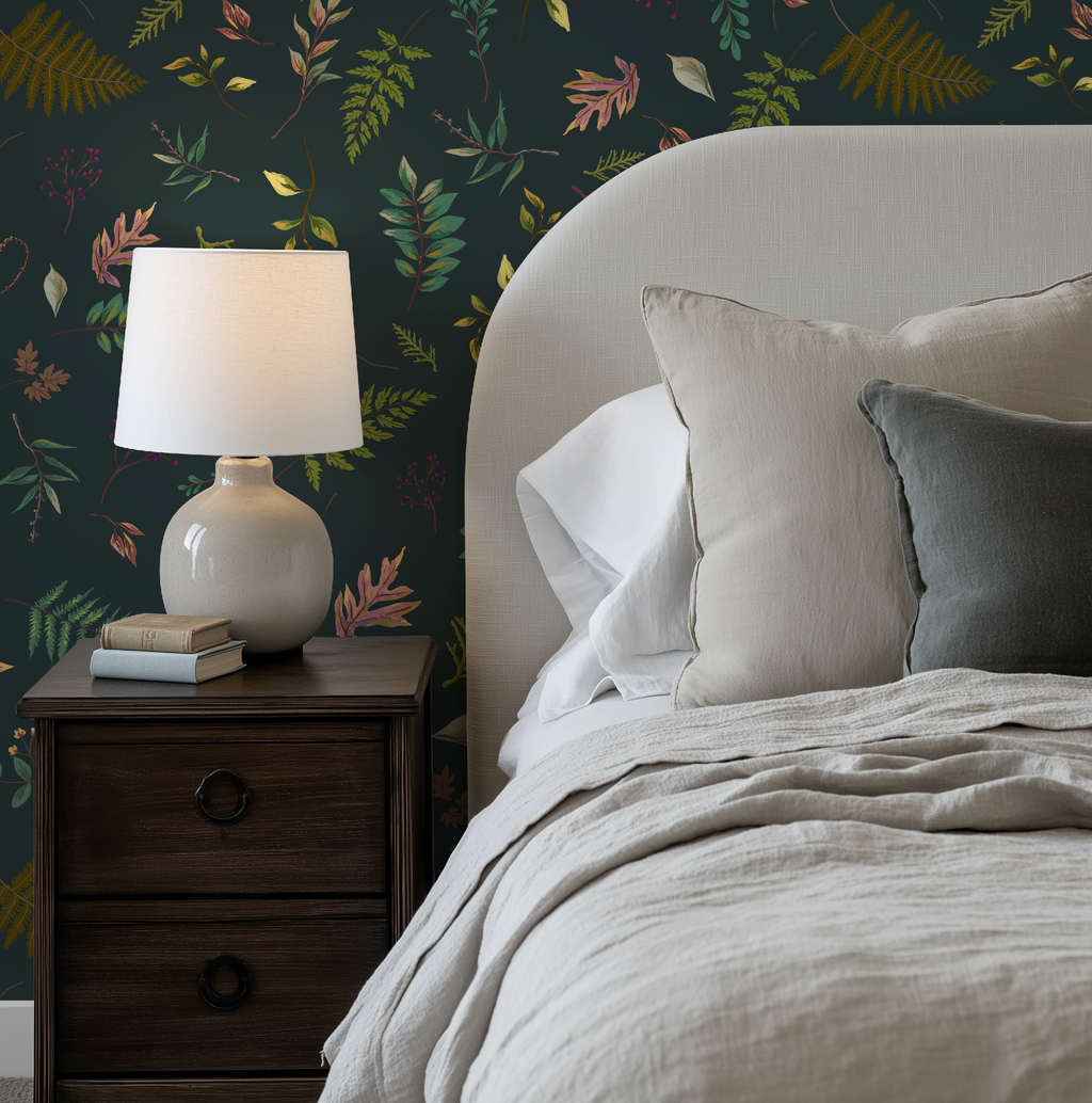 Cabin in the Woods Leaves in Blue, Botanical Leaves Cabin in the Woods Wallpaper in Greenish Blue, Rustic Cabin Decor, Forest Leaves - Peel and Stick or Traditional