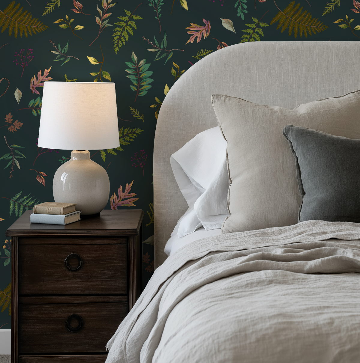 Cabin in the Woods Leaves in Blue, Botanical Leaves Cabin in the Woods Wallpaper in Greenish Blue, Rustic Cabin Decor, Forest Leaves - Peel and Stick or Traditional