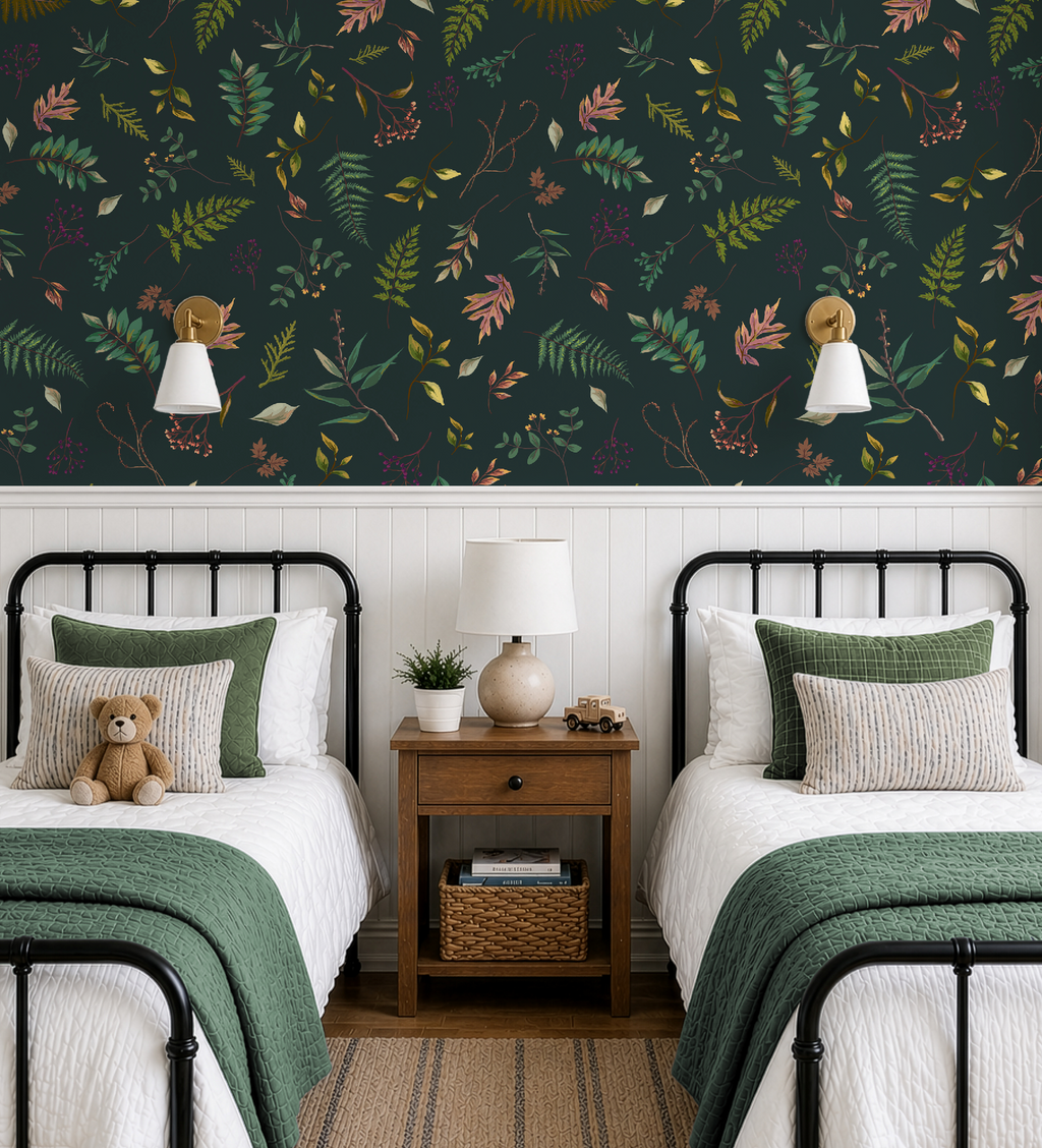 Cabin in the Woods Leaves in Blue, Botanical Leaves Cabin in the Woods Wallpaper in Greenish Blue, Rustic Cabin Decor, Forest Leaves - Peel and Stick or Traditional