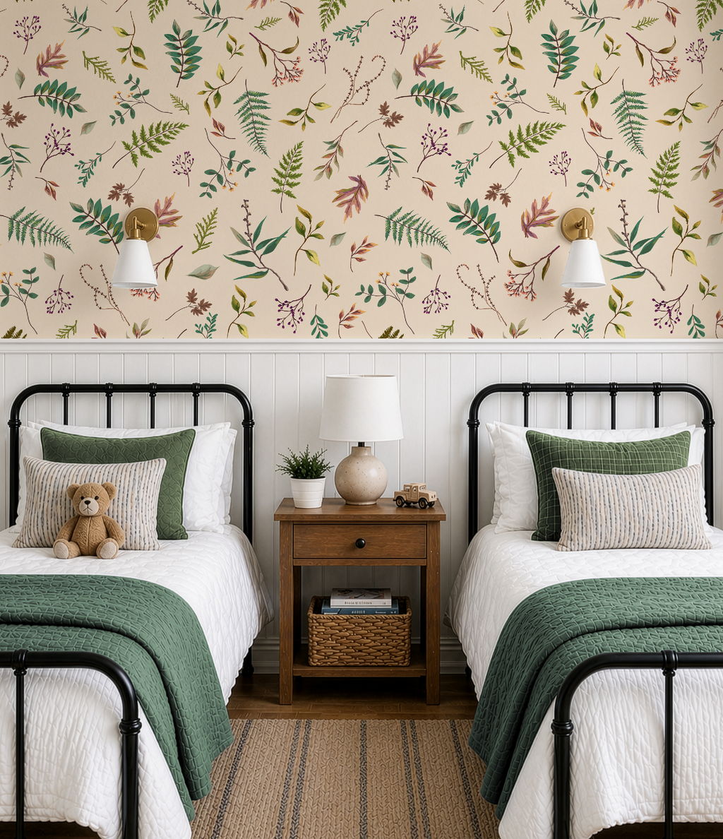 Cabin in the Woods, Botanical Leaves Cabin in the Woods Wallpaper in Ivory, Rustic Cabin Decor, Forest Leaves - Peel and Stick or TraditionalLeaves in Ivory