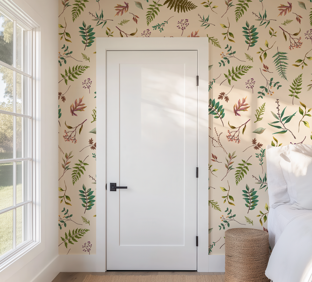 Cabin in the Woods, Botanical Leaves Cabin in the Woods Wallpaper in Ivory, Rustic Cabin Decor, Forest Leaves - Peel and Stick or TraditionalLeaves in Ivory