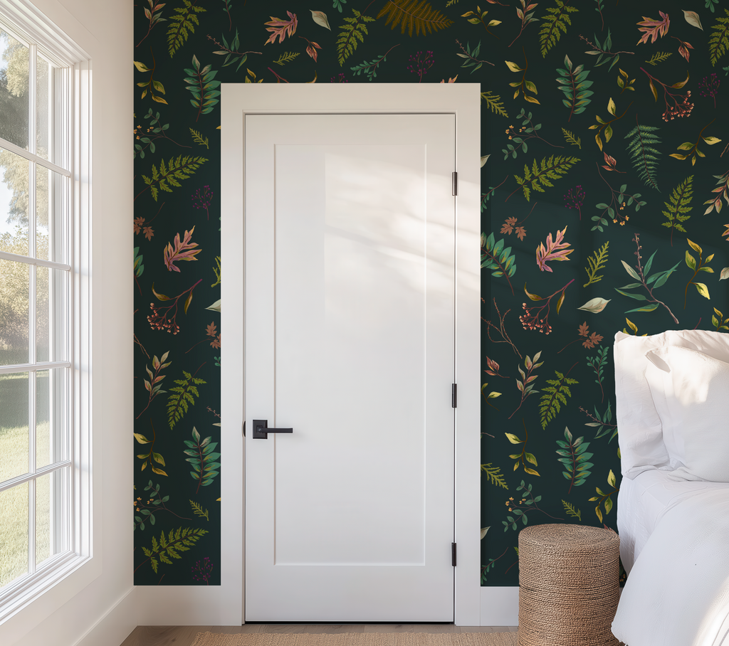 Cabin in the Woods Leaves in Blue, Botanical Leaves Cabin in the Woods Wallpaper in Greenish Blue, Rustic Cabin Decor, Forest Leaves - Peel and Stick or Traditional