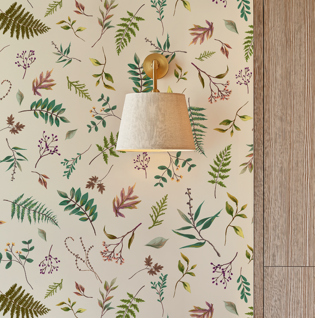 Cabin in the Woods, Botanical Leaves Cabin in the Woods Wallpaper in Ivory, Rustic Cabin Decor, Forest Leaves - Peel and Stick or TraditionalLeaves in Ivory