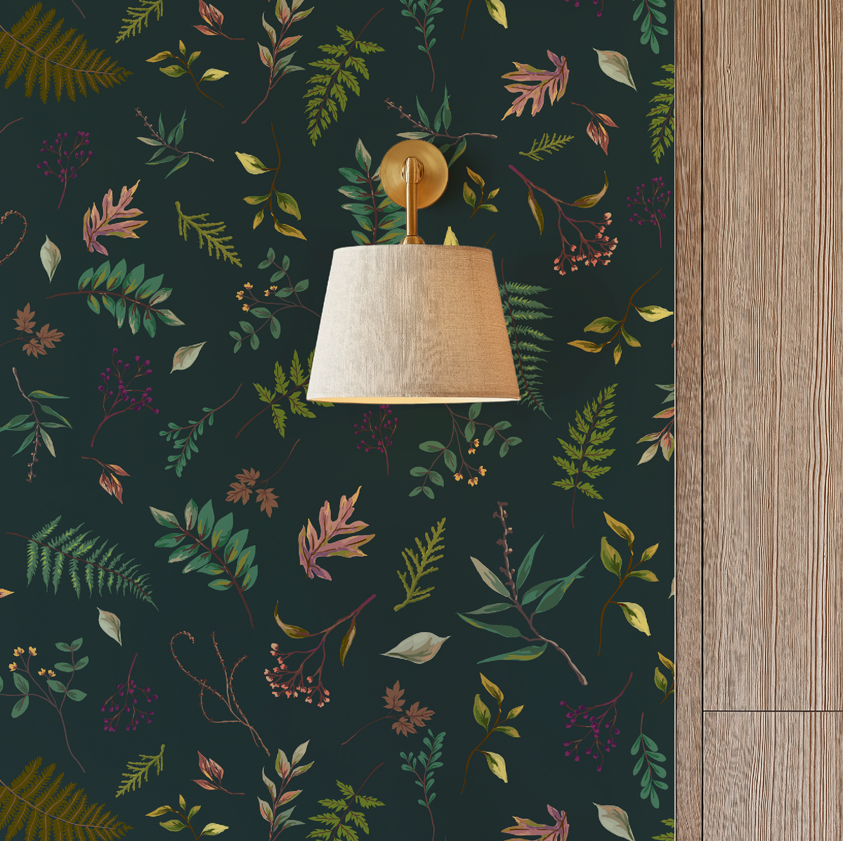 Cabin in the Woods Leaves in Blue, Botanical Leaves Cabin in the Woods Wallpaper in Greenish Blue, Rustic Cabin Decor, Forest Leaves - Peel and Stick or Traditional