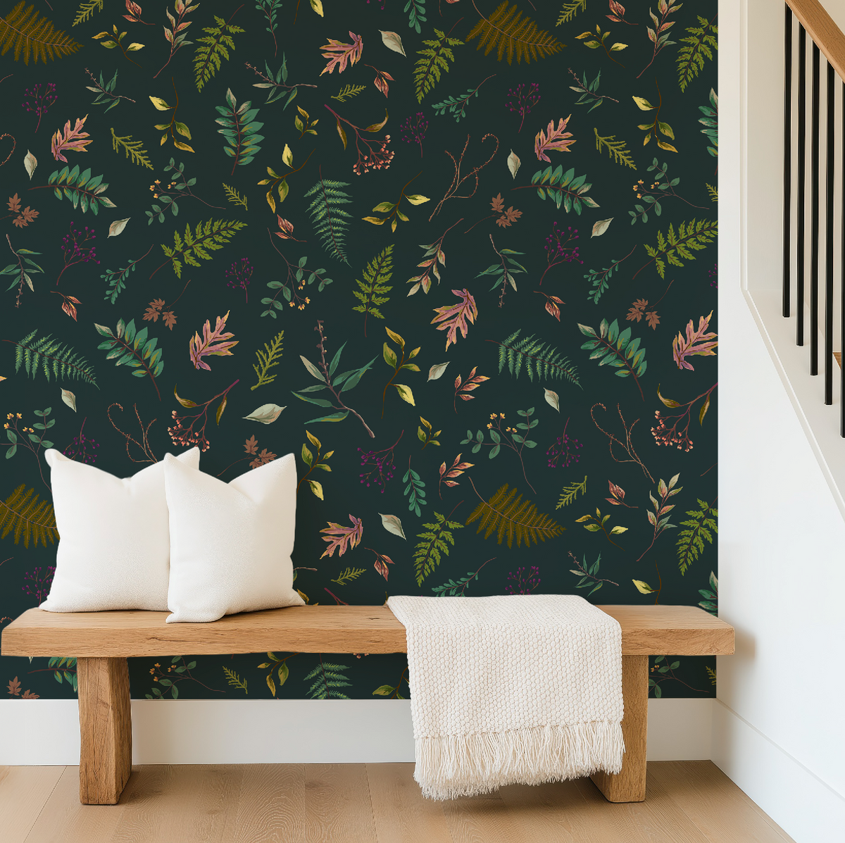 Cabin in the Woods Leaves in Blue, Botanical Leaves Cabin in the Woods Wallpaper in Greenish Blue, Rustic Cabin Decor, Forest Leaves - Peel and Stick or Traditional