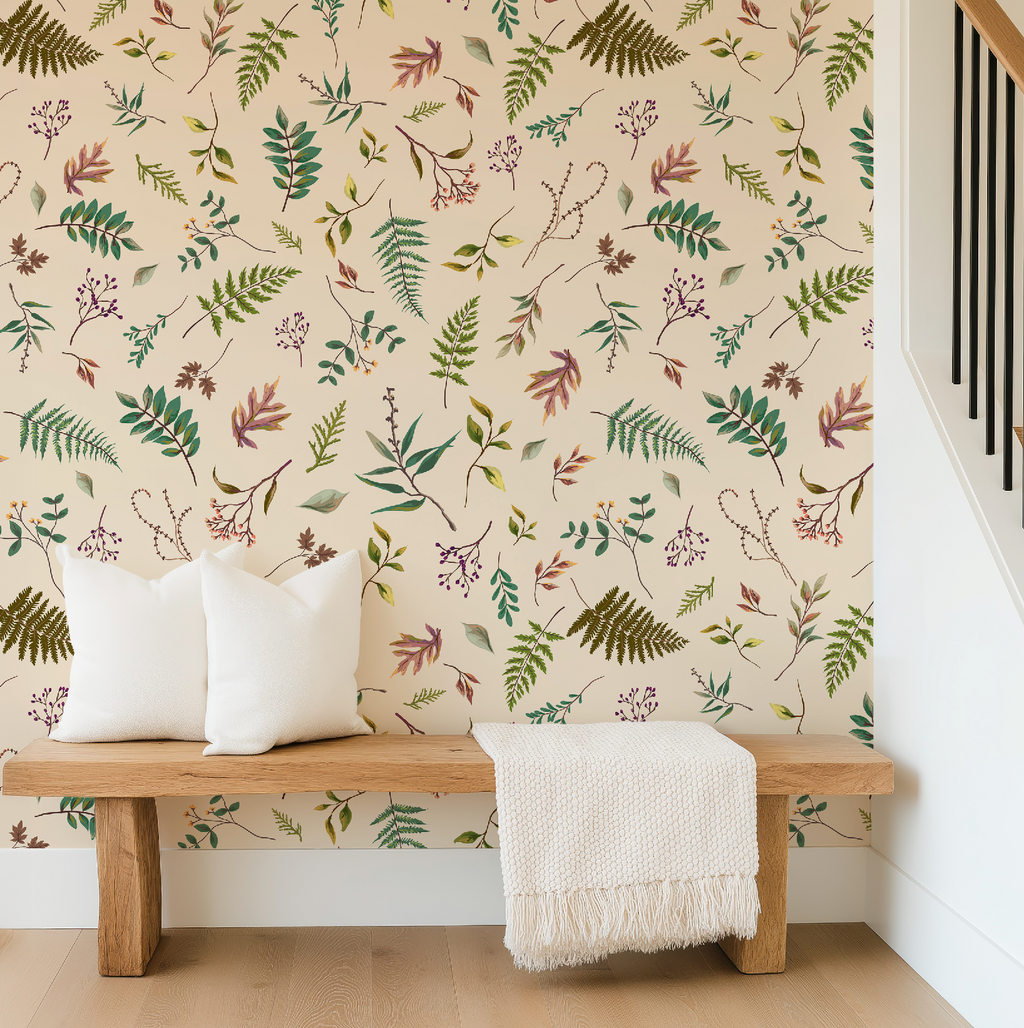 Cabin in the Woods, Botanical Leaves Cabin in the Woods Wallpaper in Ivory, Rustic Cabin Decor, Forest Leaves - Peel and Stick or TraditionalLeaves in Ivory