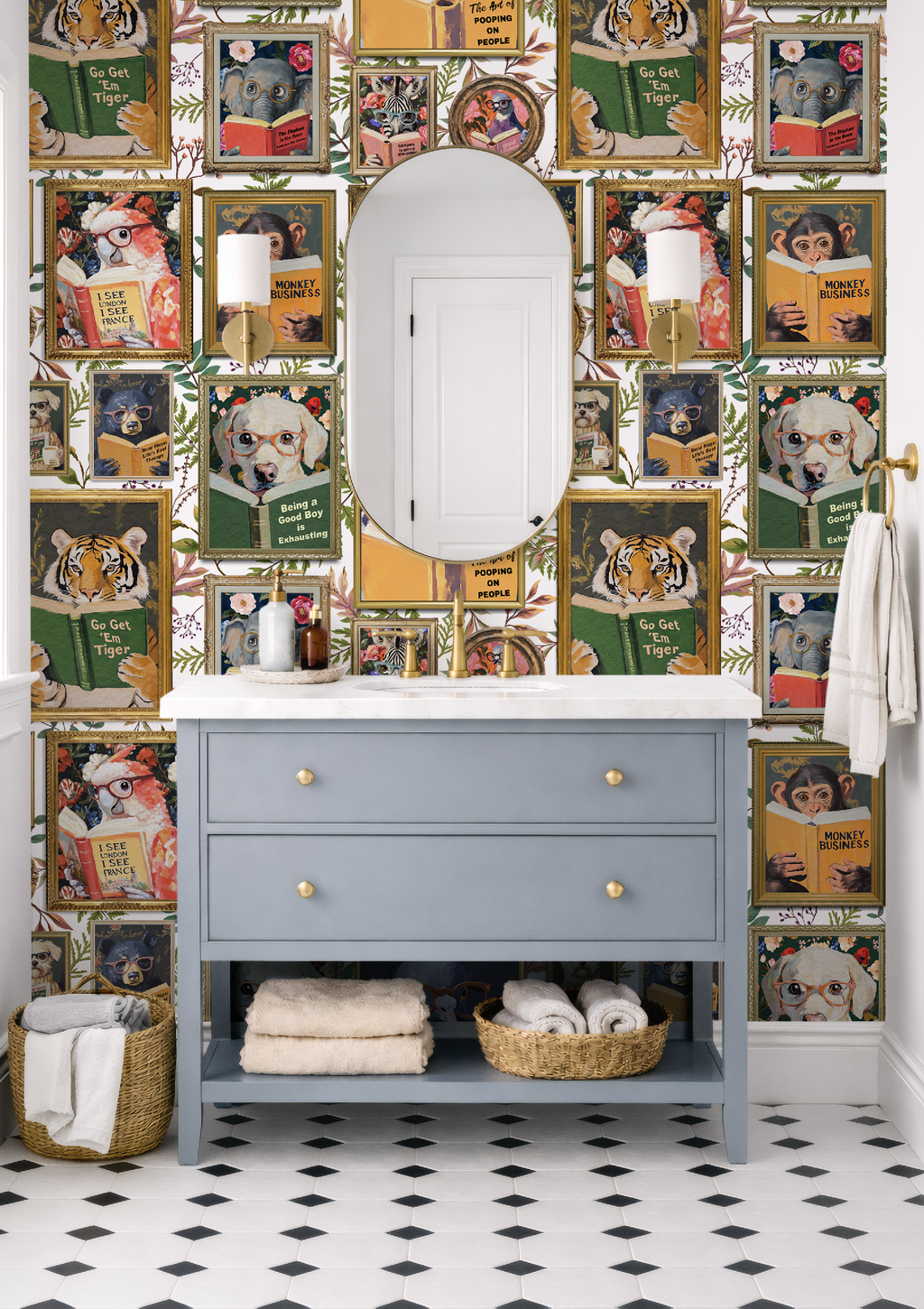 Whimsical Animals Reading Wallpaper - Version 2 - Cabin Florals White