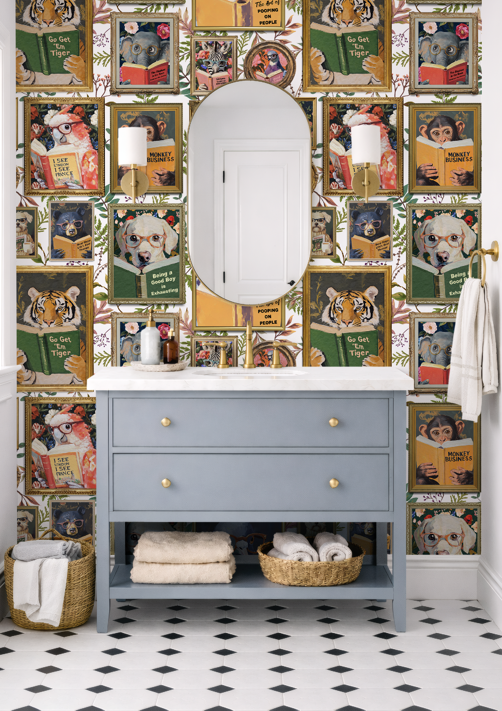 Whimsical Animals Reading Wallpaper - Version 2 - Cabin Florals White
