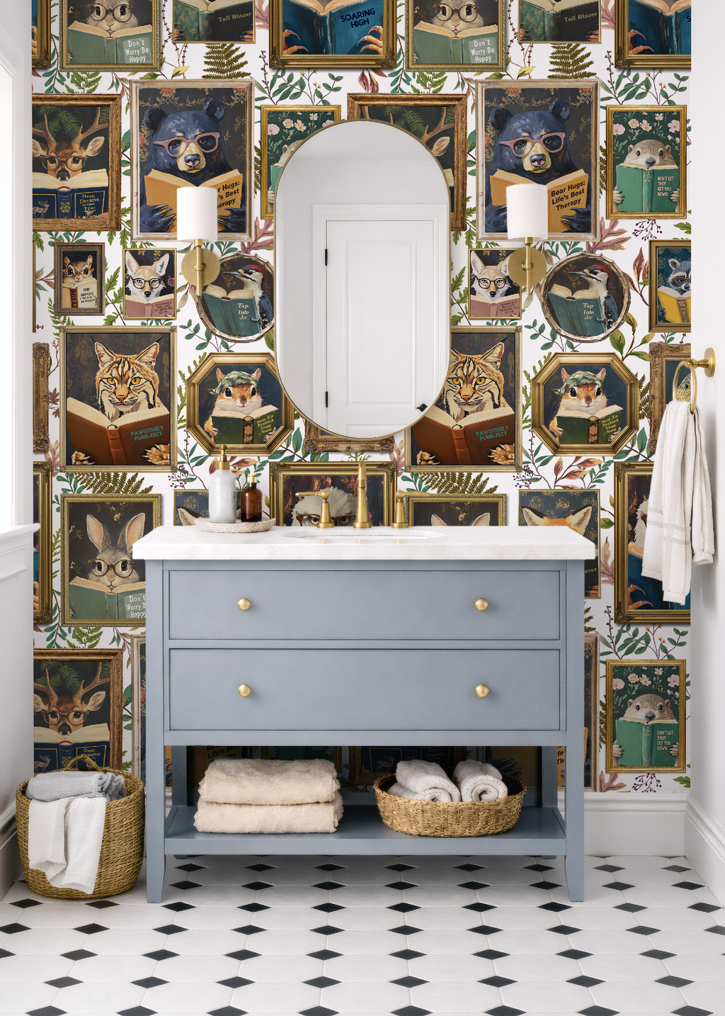 Whimsical Animals Reading Wallpaper - Cabin In the Woods Version - White