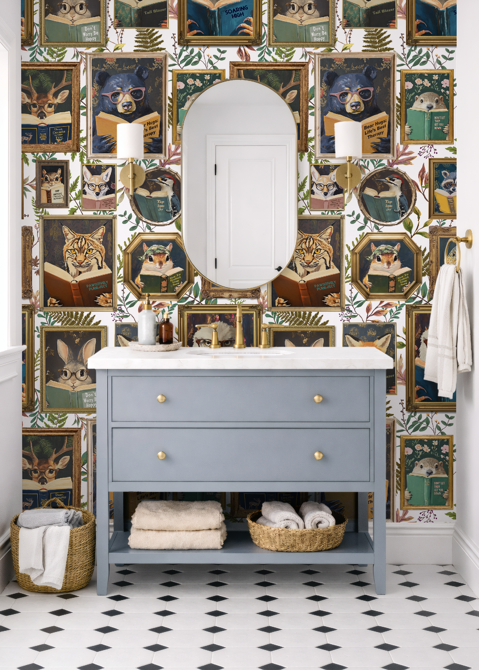 Whimsical Animals Reading Wallpaper - Cabin In the Woods Version - White