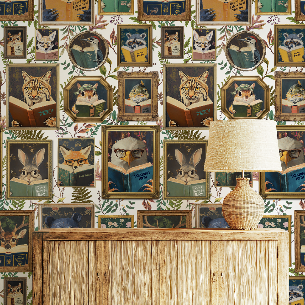 Whimsical Animals Reading Wallpaper - Cabin In the Woods Version - White