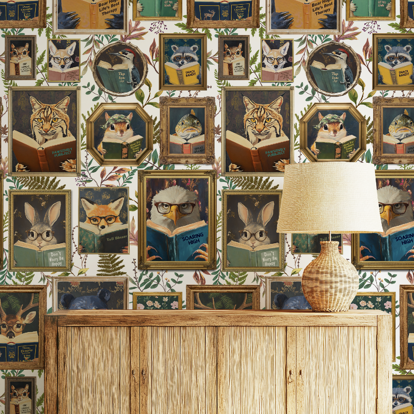 Whimsical Animals Reading Wallpaper - Cabin In the Woods Version - White