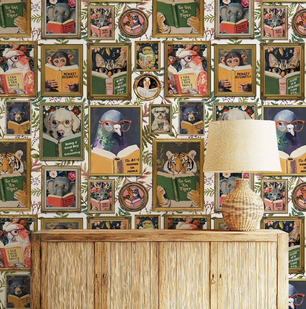 Whimsical Animals Reading Wallpaper - Version 2 - Cabin Florals White