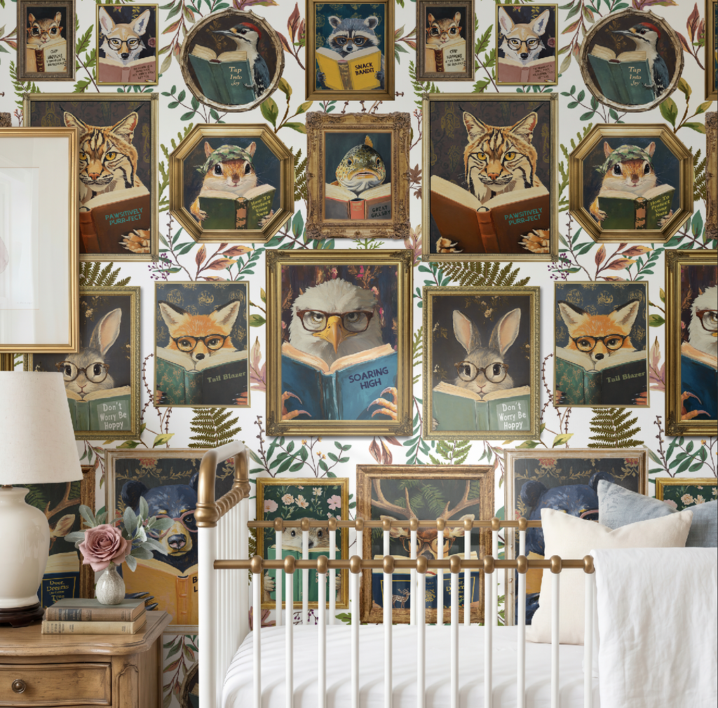 Whimsical Animals Reading Wallpaper - Cabin In the Woods Version - White