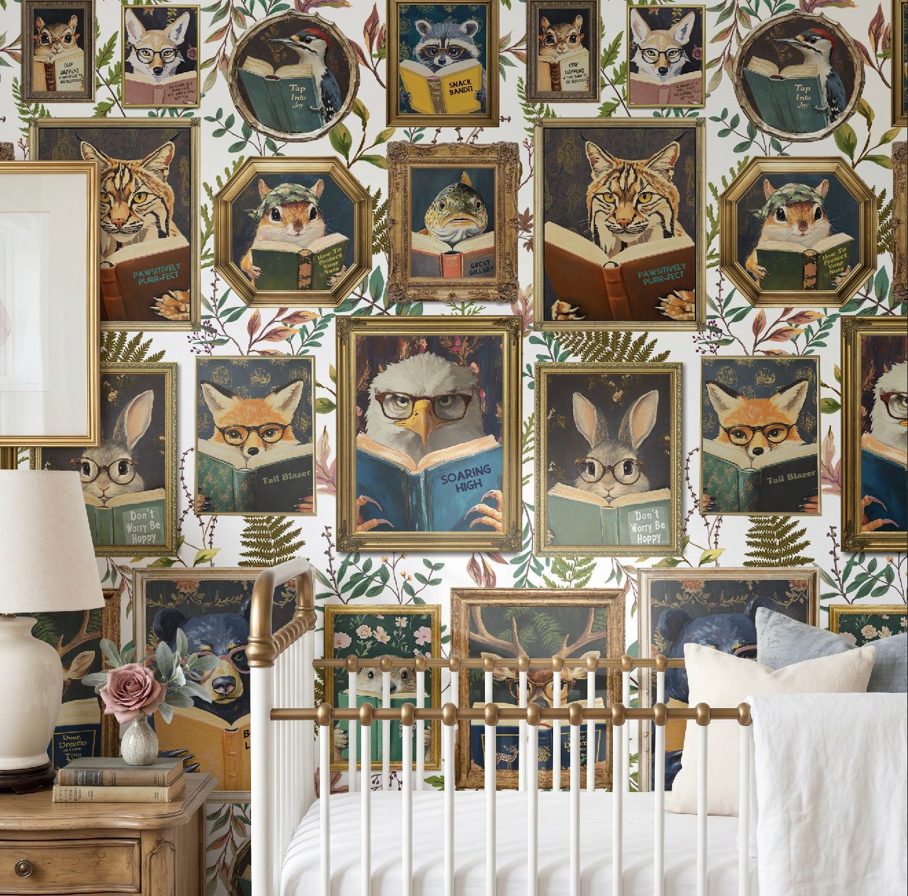 Whimsical Animals Reading Wallpaper - Cabin In the Woods Version - White