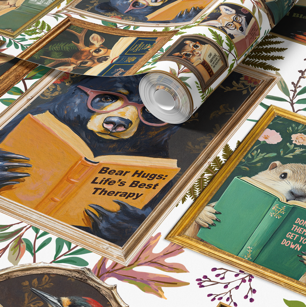 Whimsical Animals Reading Wallpaper - Cabin In the Woods Version - White
