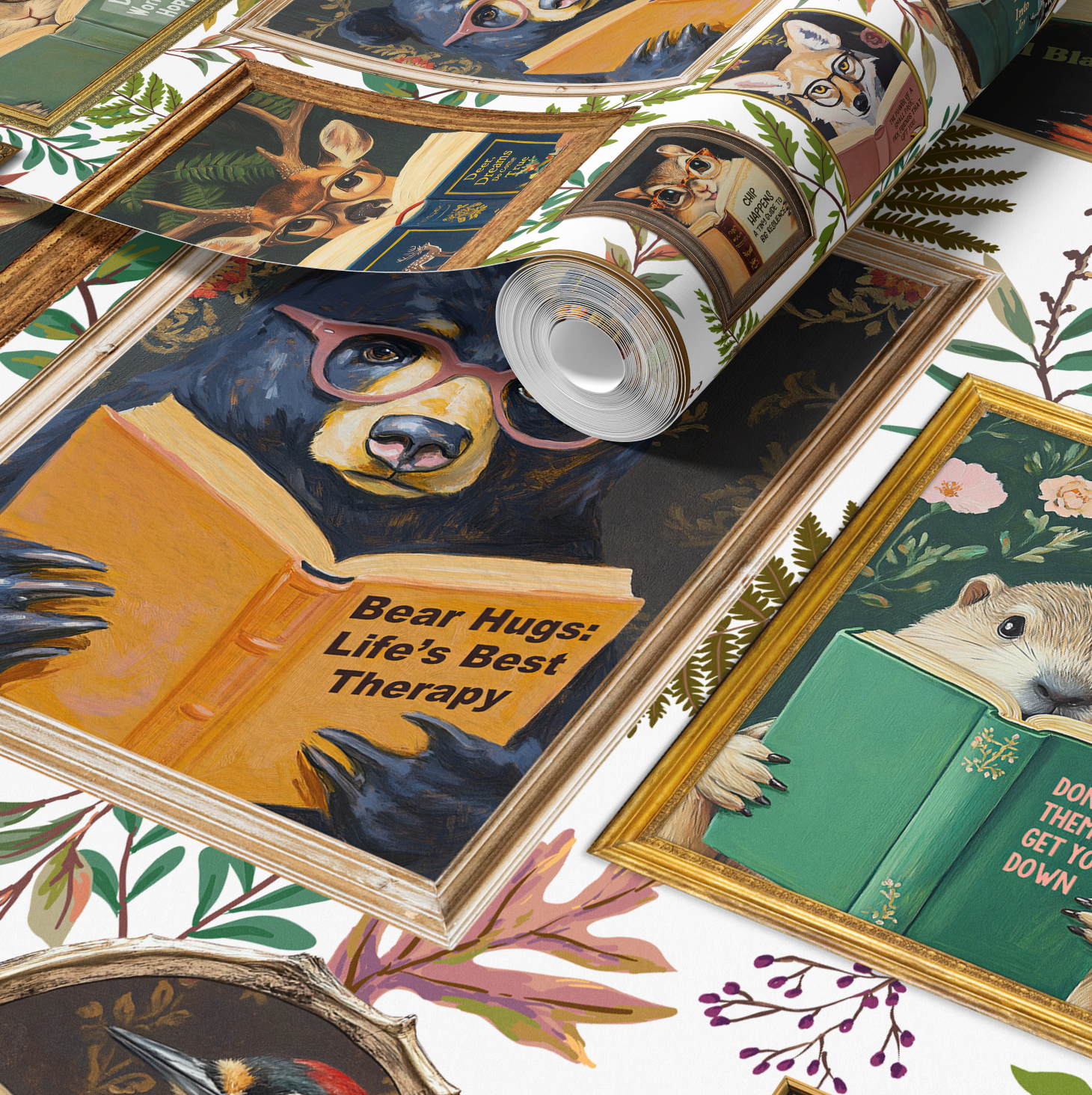 Whimsical Animals Reading Wallpaper - Cabin In the Woods Version - White