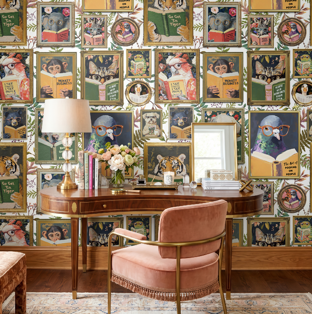 Whimsical Animals Reading Wallpaper - Version 2 - Cabin Florals White