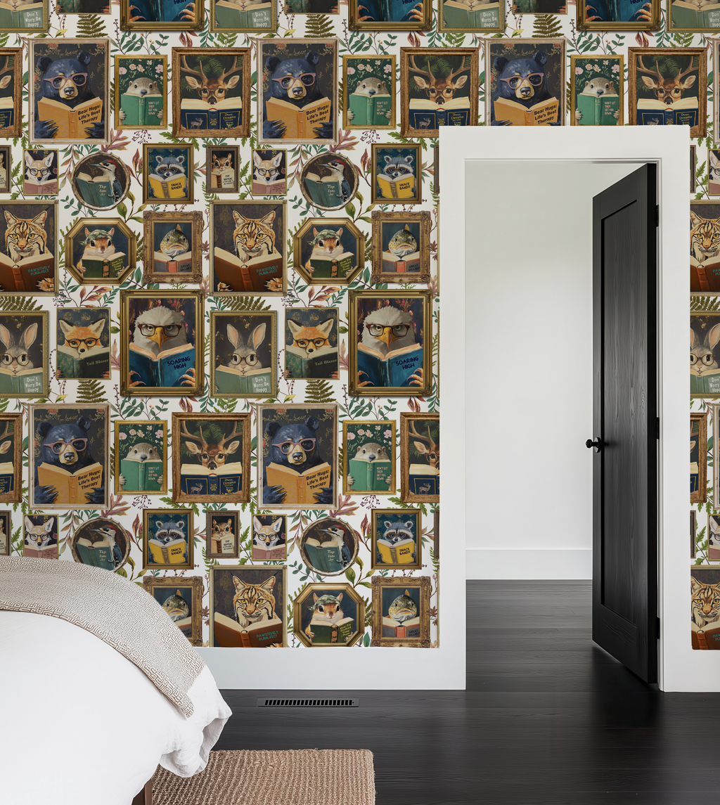 Whimsical Animals Reading Wallpaper - Cabin In the Woods Version - White