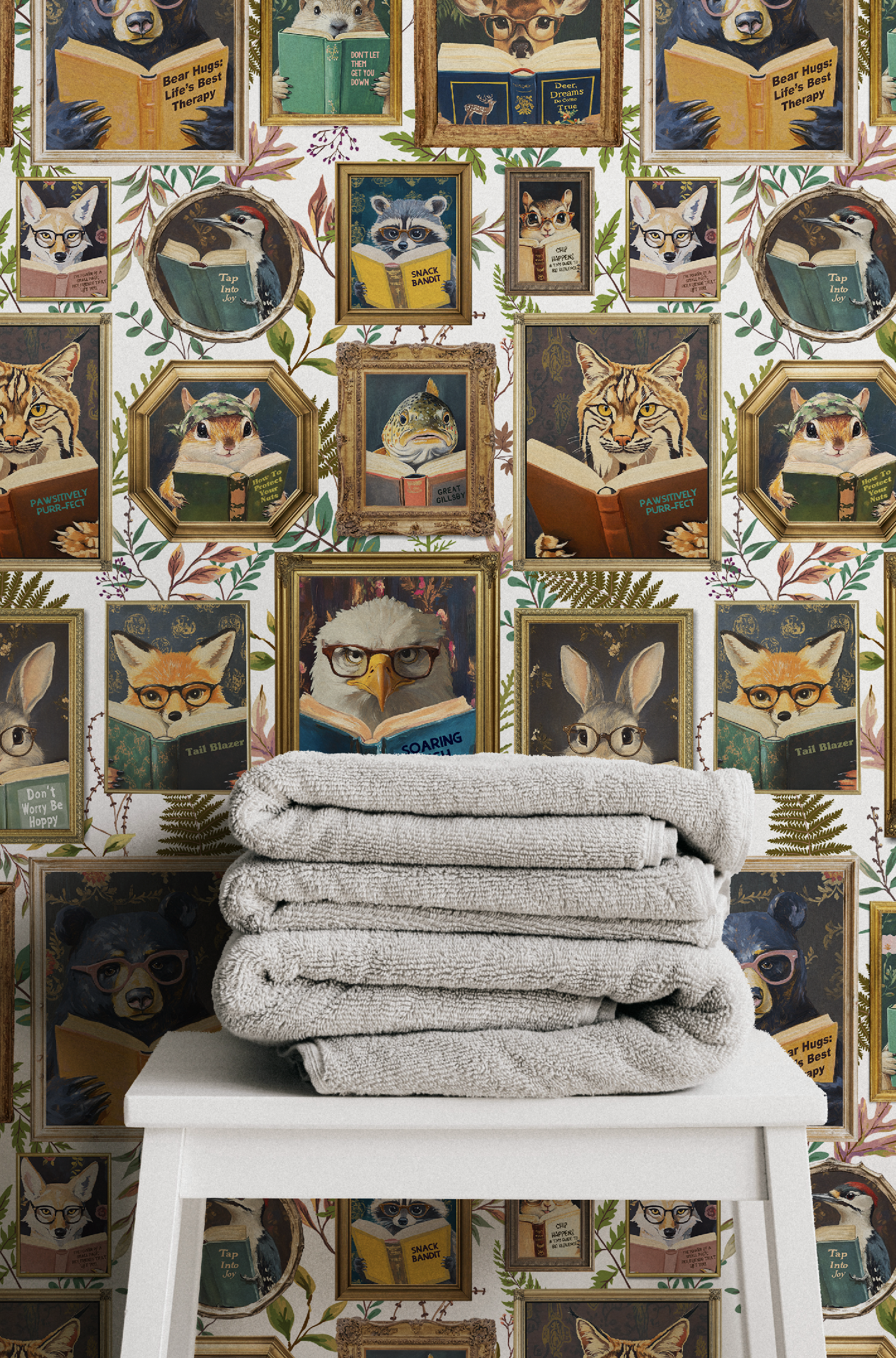 Whimsical Animals Reading Wallpaper - Cabin In the Woods Version - White