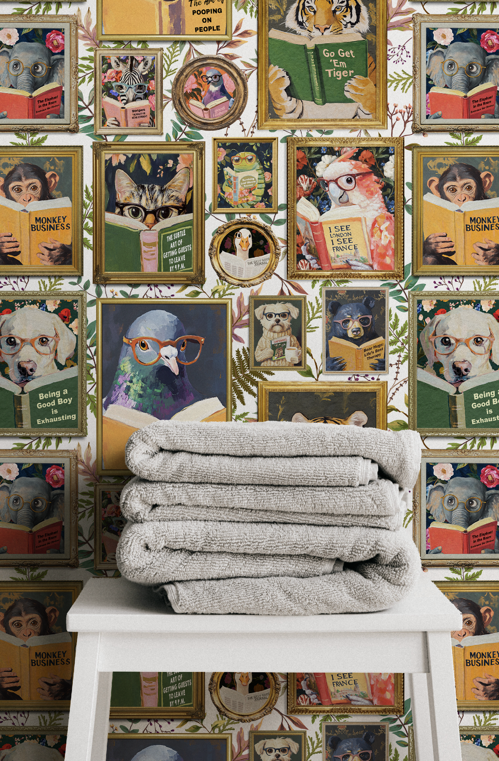 Whimsical Animals Reading Wallpaper - Version 2 - Cabin Florals White