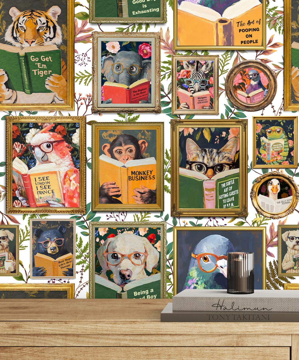 Whimsical Animals Reading Wallpaper - Version 2 - Cabin Florals White