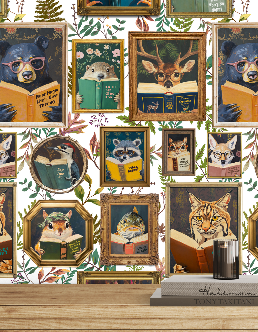 Whimsical Animals Reading Wallpaper - Cabin In the Woods Version - White