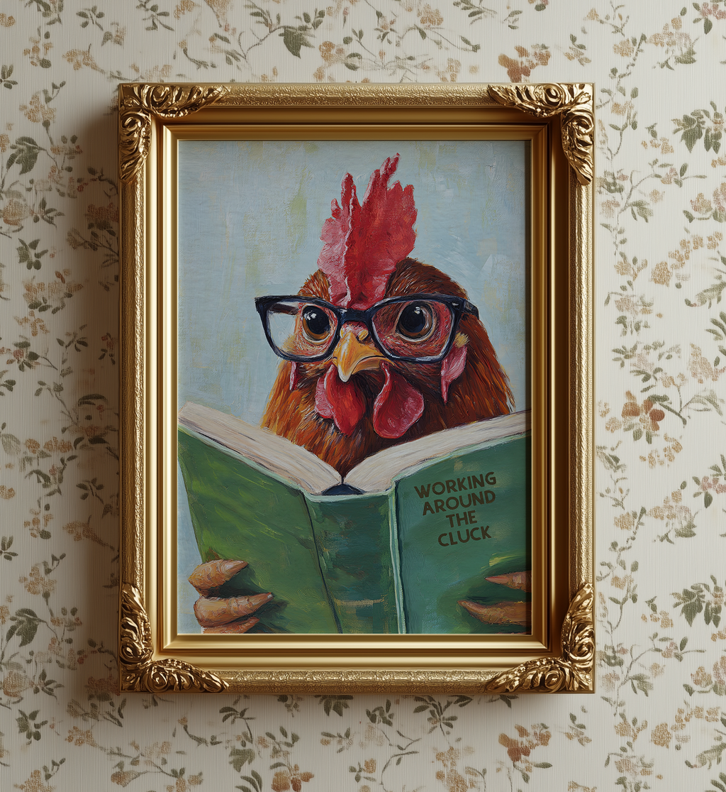 Funny Chicken Reading Work Around the Cluck - Whimsical Farmhouse Kitchen Wall Art