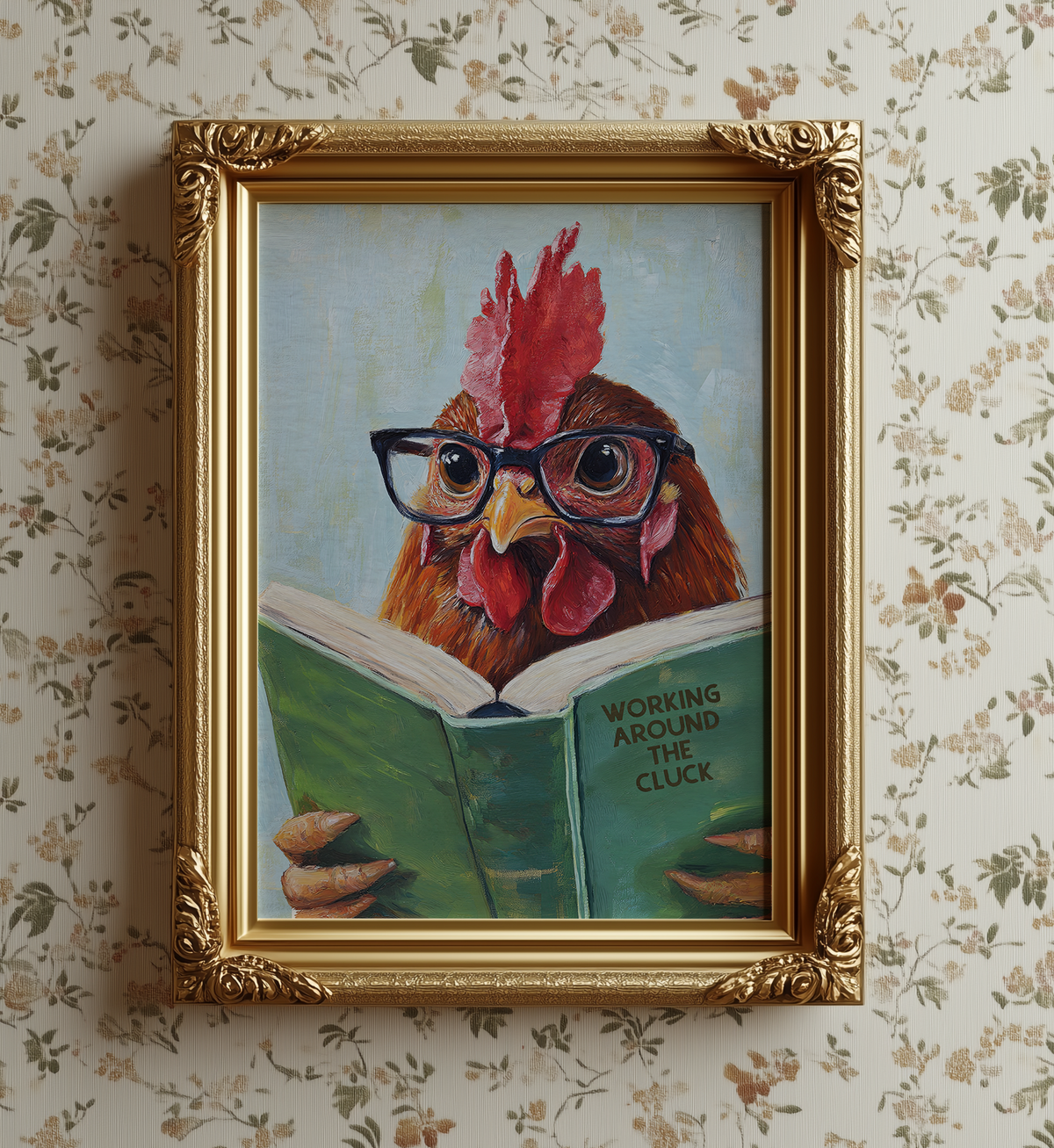 Funny Chicken Reading Work Around the Cluck - Whimsical Farmhouse Kitchen Wall Art