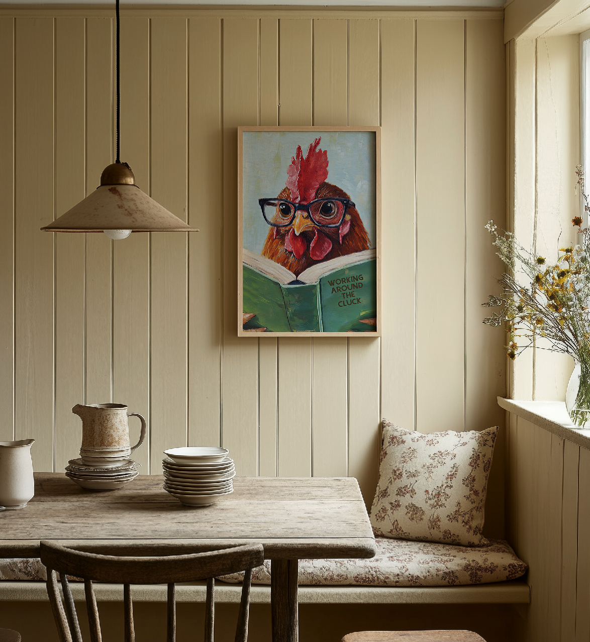 Funny Chicken Reading Work Around the Cluck - Whimsical Farmhouse Kitchen Wall Art