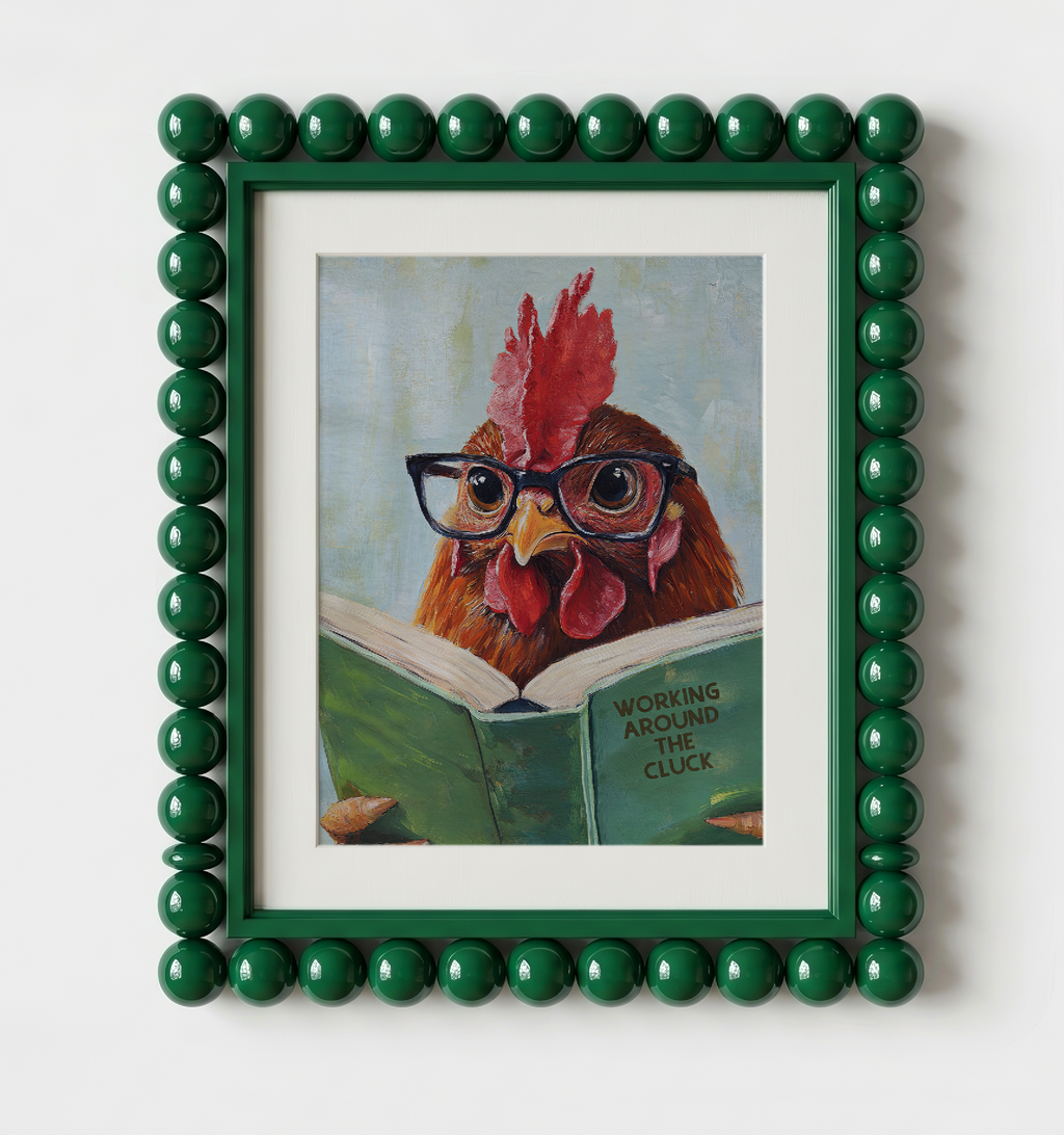 Funny Chicken Reading Work Around the Cluck - Whimsical Farmhouse Kitchen Wall Art