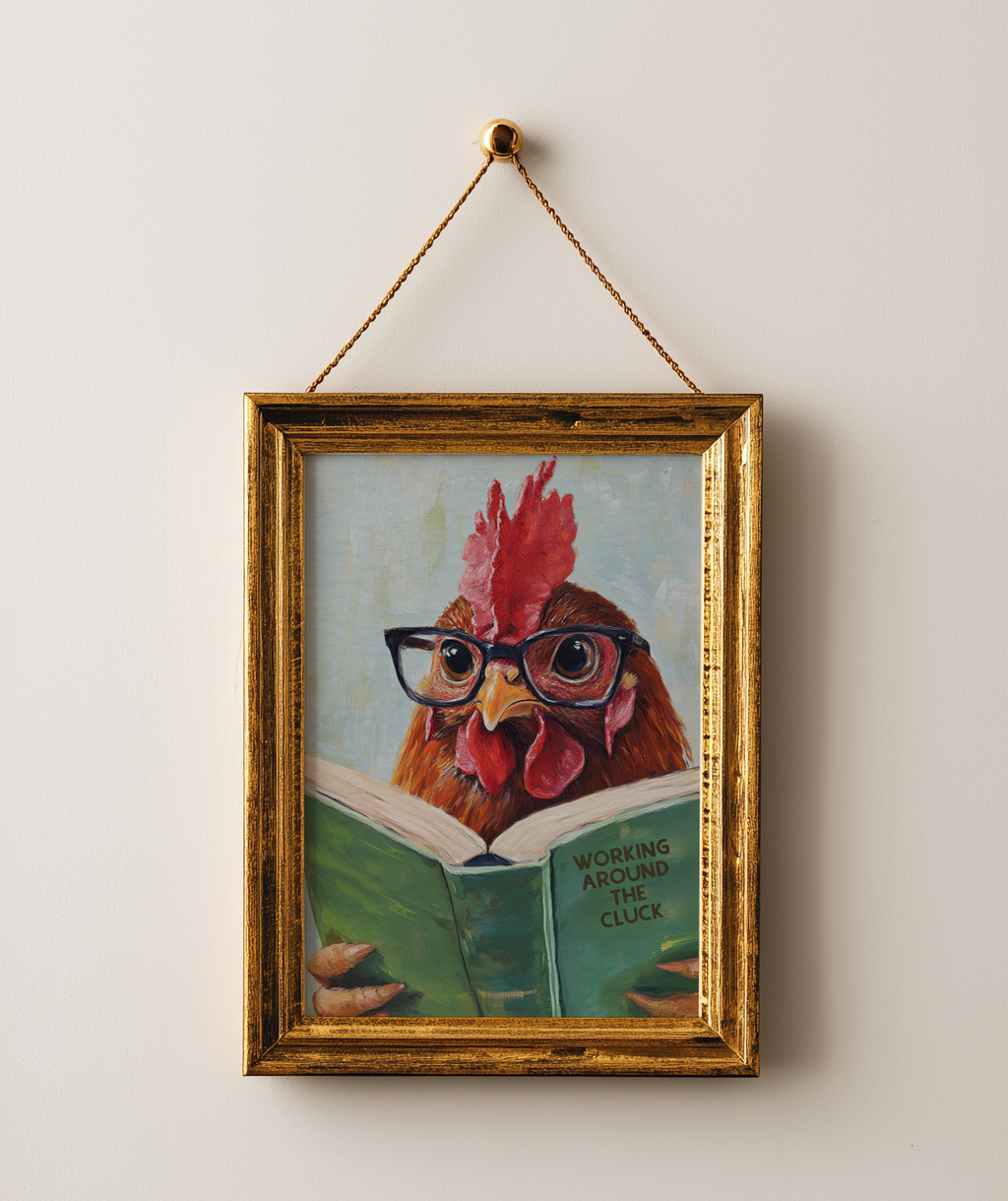 Funny Chicken Reading Work Around the Cluck - Whimsical Farmhouse Kitchen Wall Art