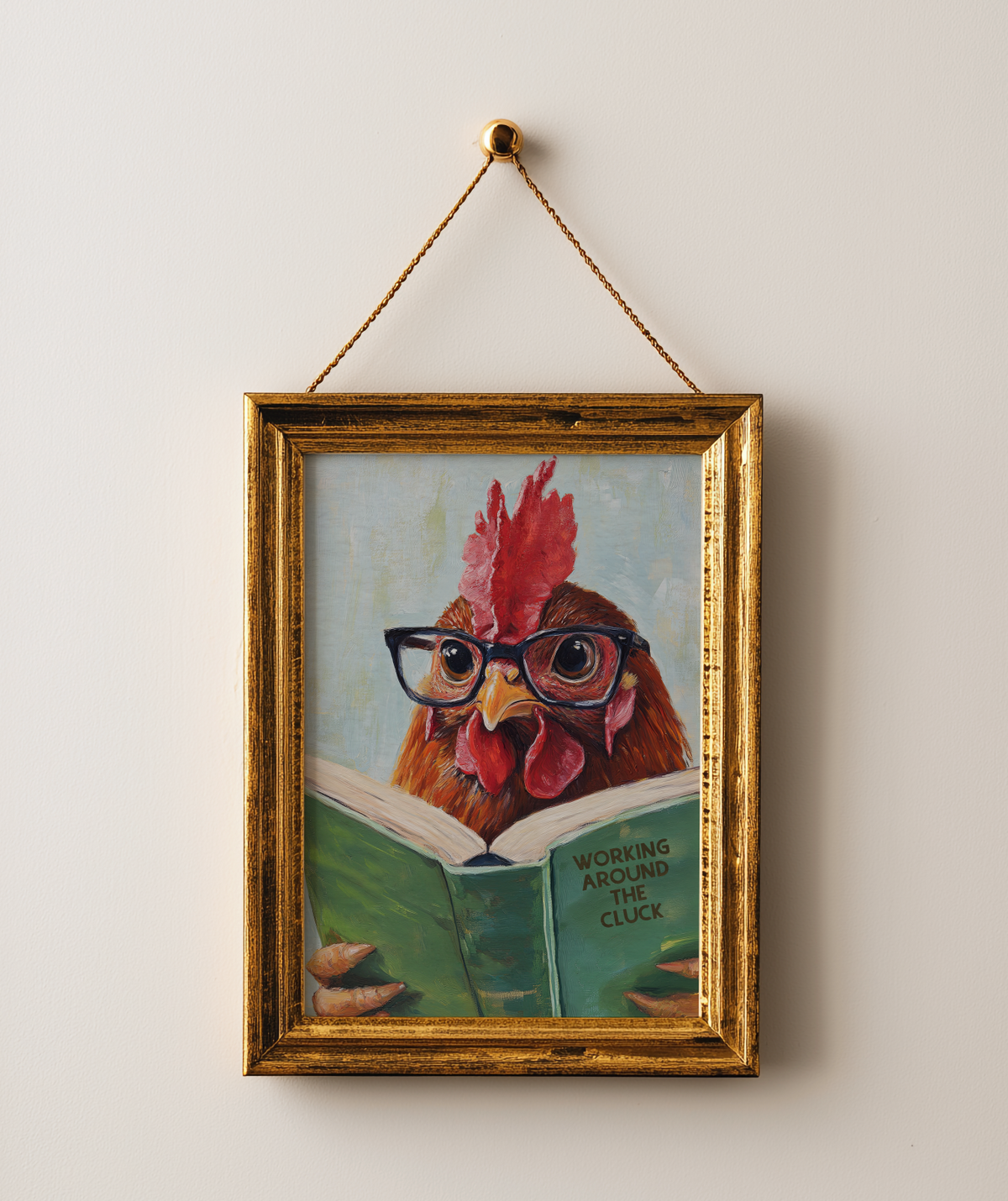 Funny Chicken Reading Work Around the Cluck - Whimsical Farmhouse Kitchen Wall Art