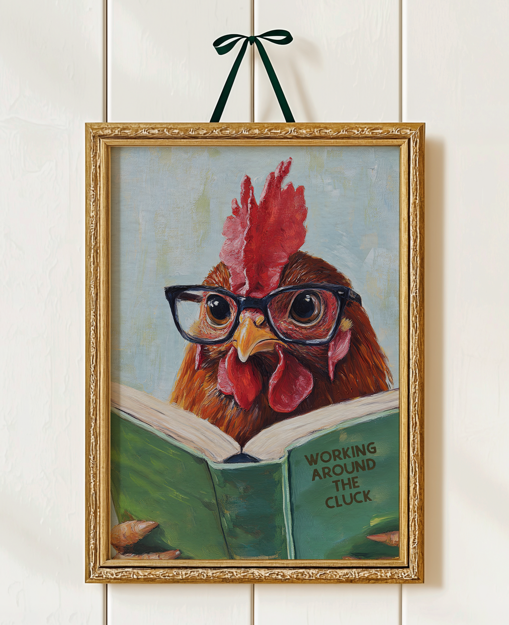 Funny Chicken Reading Work Around the Cluck - Whimsical Farmhouse Kitchen Wall Art