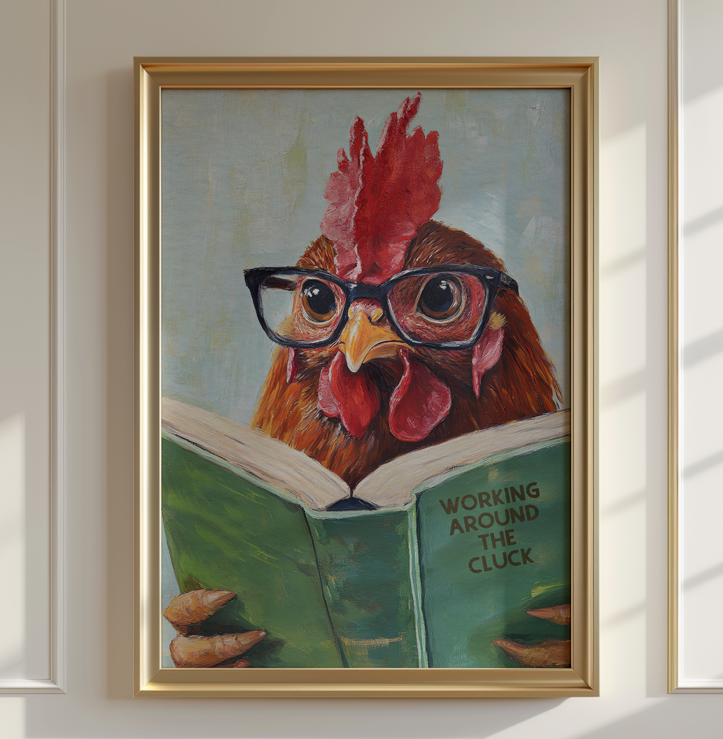 Funny Chicken Reading Work Around the Cluck - Whimsical Farmhouse Kitchen Wall Art