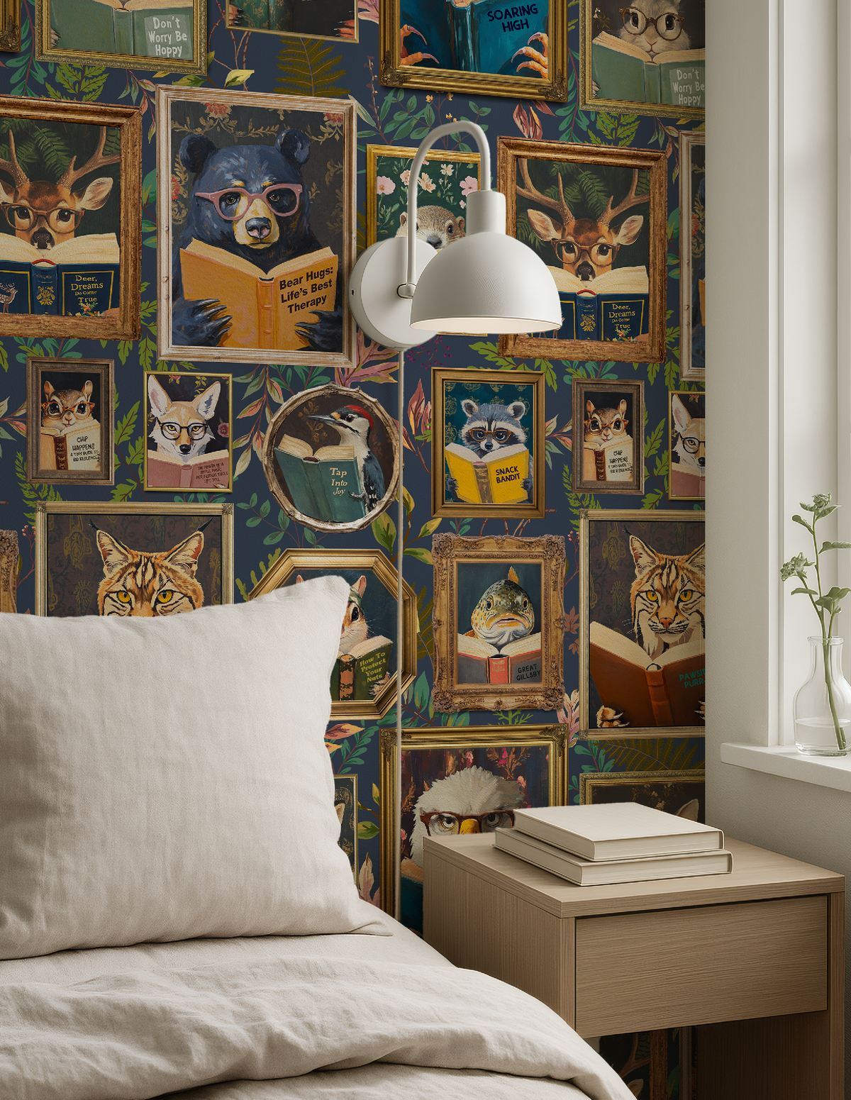 Whimsical Animals Reading Wallpaper - Cabin In the Woods Version - Navy