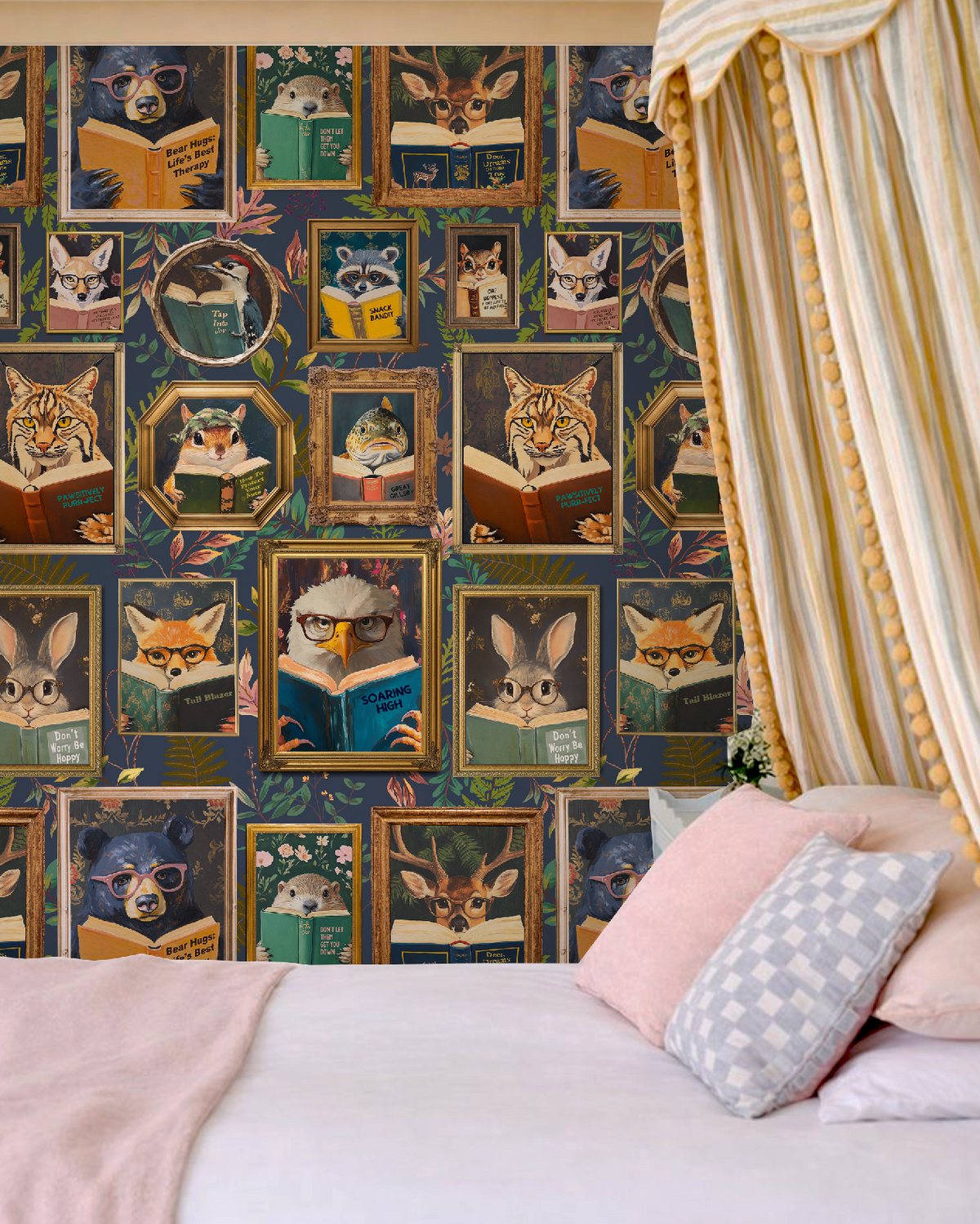 Whimsical Animals Reading Wallpaper - Cabin In the Woods Version - Navy