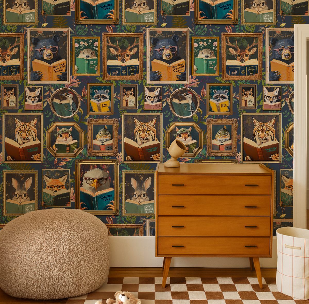 Whimsical Animals Reading Wallpaper - Cabin In the Woods Version - Navy