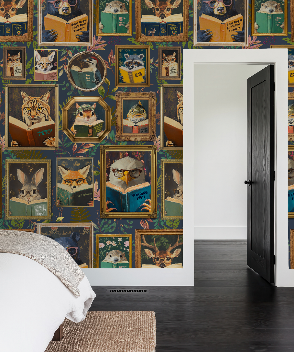 Whimsical Animals Reading Wallpaper - Cabin In the Woods Version - Navy